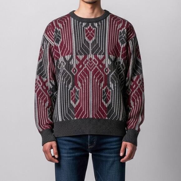 Vintage 80s Grandpacore Sweater Dark Academia Jacquard Art Deco Geometric Knit L - Picture 1 of 8